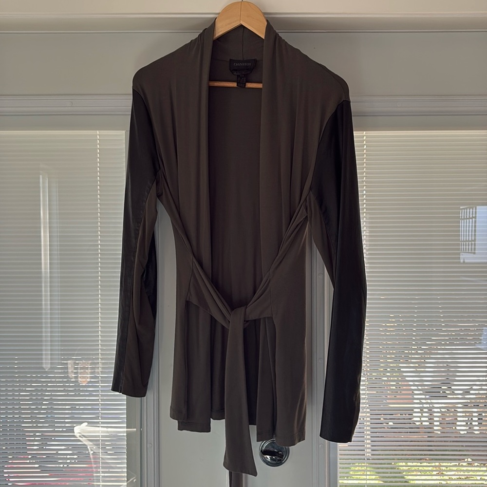 Jersey knit cardigan with leather sleeves